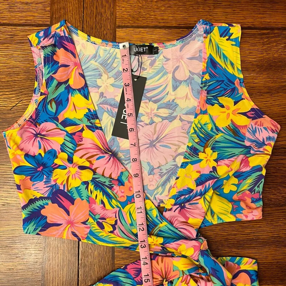 NWT UGET Bodycon Tropical Floral Midi Skirt Tie Crop Top Set Large Womens Beach - Image 8