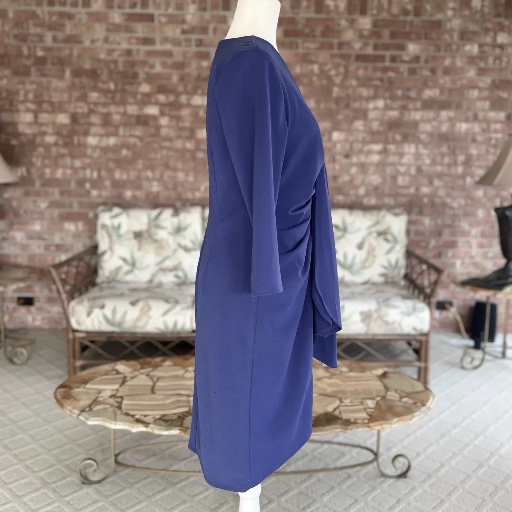 New York & Company Dress Ruched M Periwinkle Blue Purple Mini Knit V - Image 12