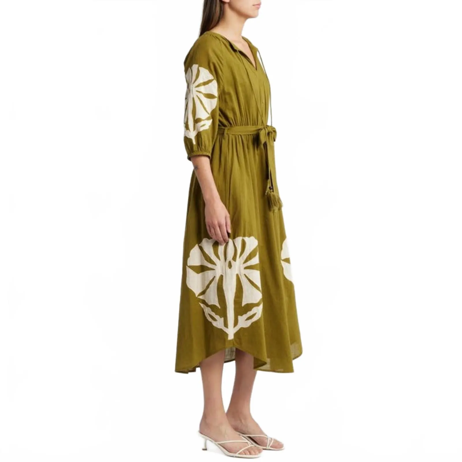 Ciebon Tiana Embroidered Cotton Midi Dress Green Tan NWT XS - Image 3