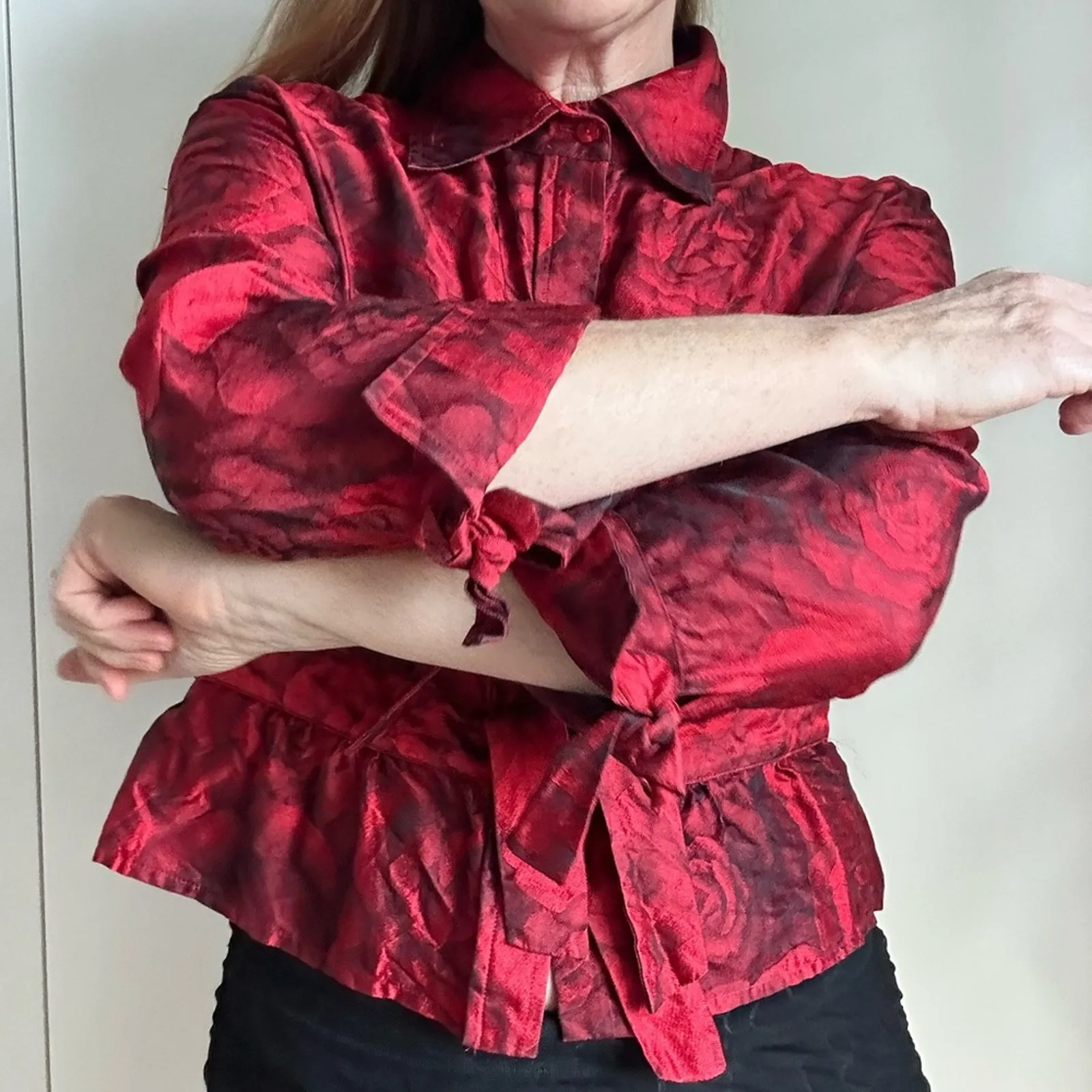 Vintage Womens Silk Blouse Floral Print Chili Red/Black 90s Designer Formal - Image 8