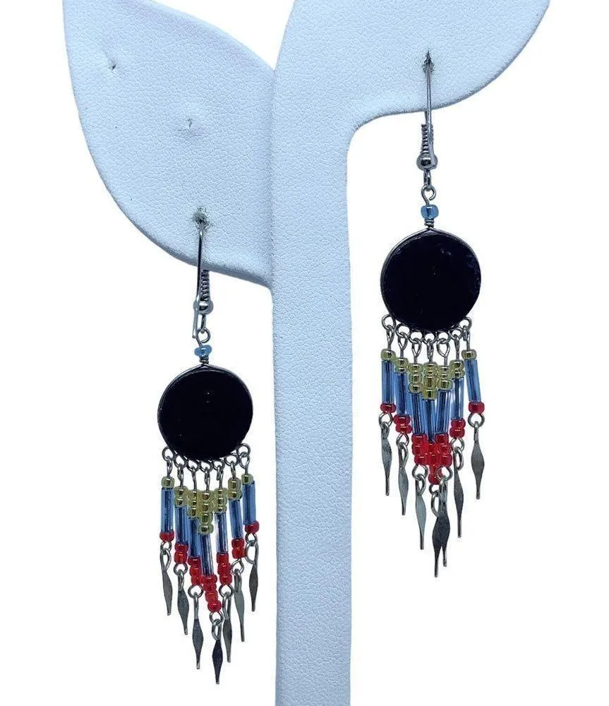 Native African Style Round Chandelier Earrings Seed Bead Fringe Hand - Image 3