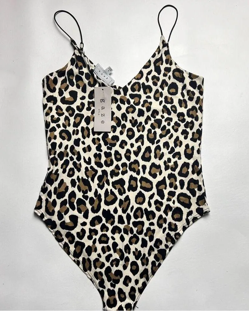 GAZE DTLA Women’s Animal Print Thin Strap Non Adjustable Strap Bodysuit Sz S Brown - Image 7