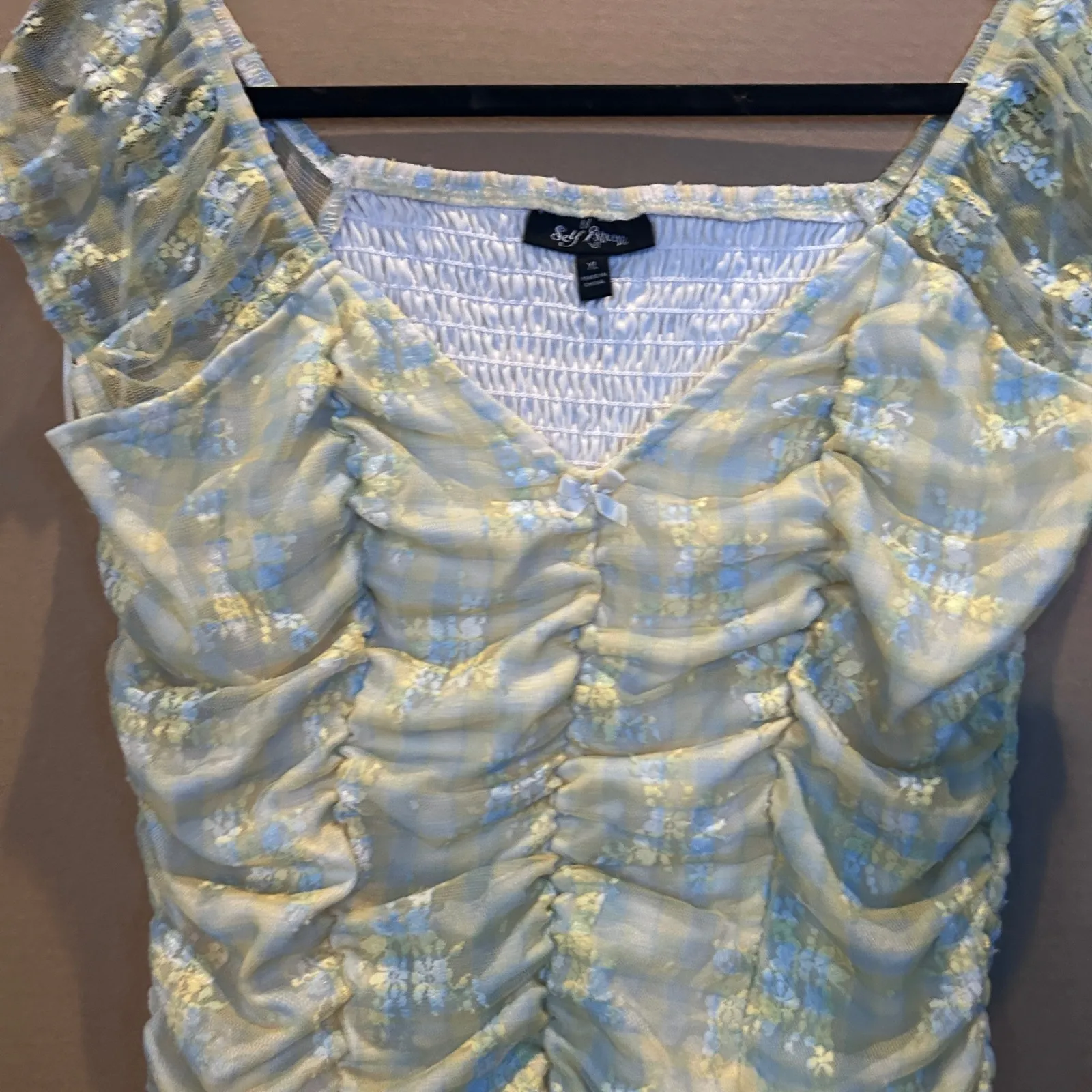 Trendy Y2K Yellow Blue Floral Mesh Smocked Top XL Whimsygoth whimsical - Image 3