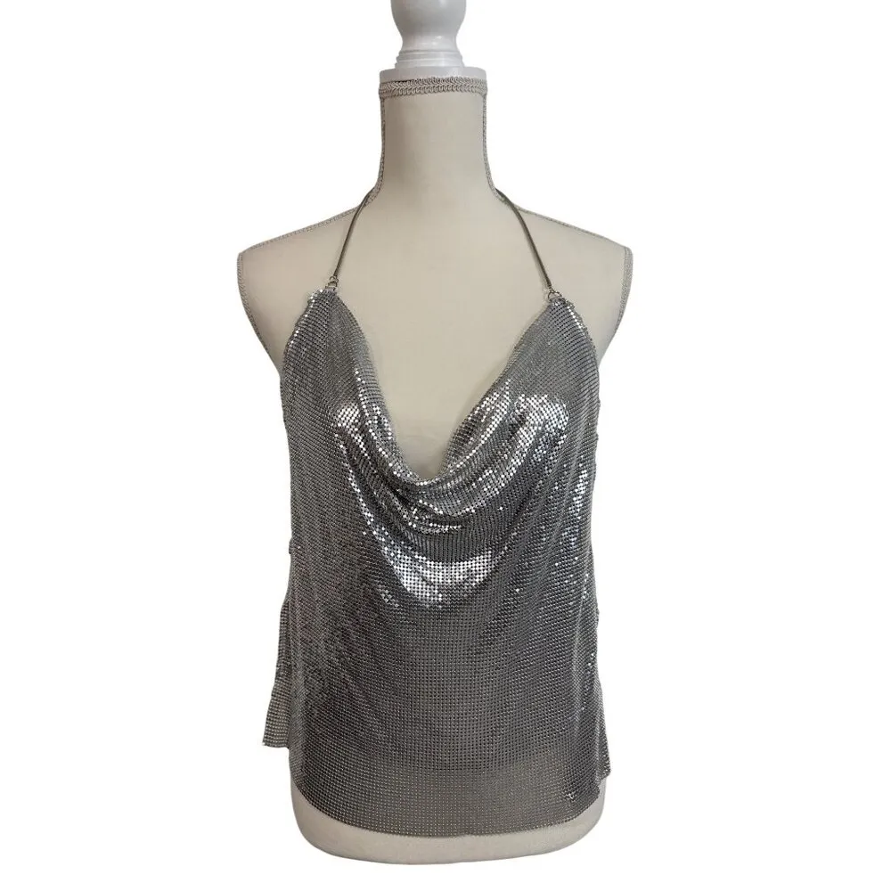 h:ours x Bridget Chainmail Halter Top in Silver Small New Womens Metal Tank - Image 4