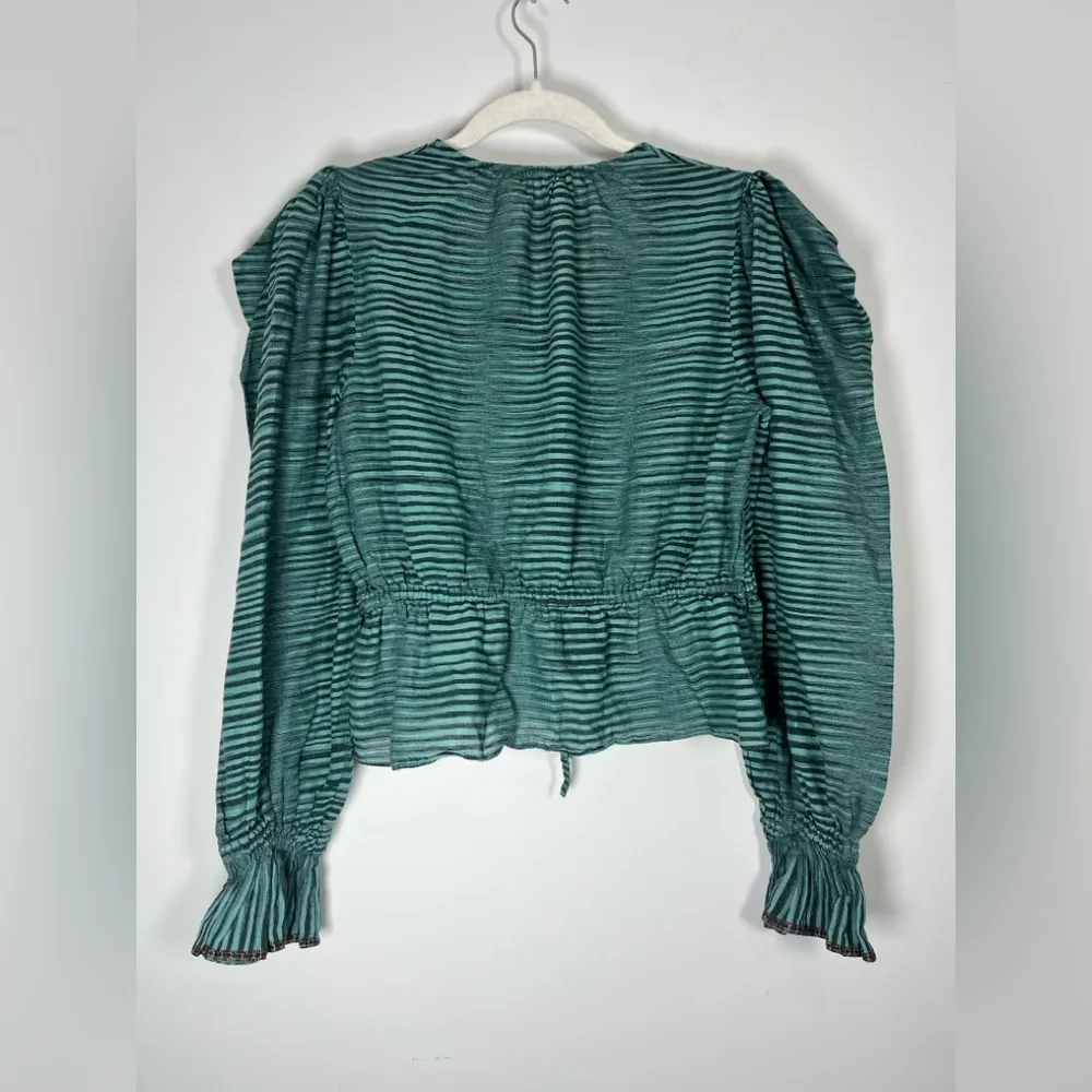 Ulla Johnson Ophelia Cotton Voile Peplum Blouse Teal/ Green Stripe sz 6 - Image 14