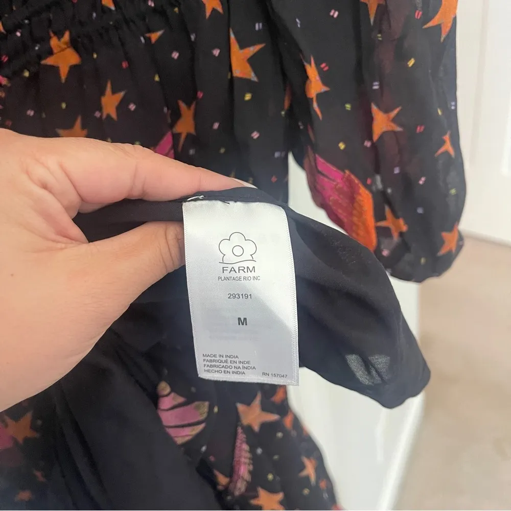 Farm Rio Black Macaws Maxi Dress Star Bird Printed Ruffle V Neck Midi - Image 5