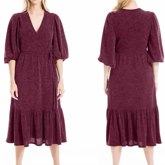 Max Studio Surplice Balloon Sleeve Faux Wrap Midi Dress Size Medium - Image 2