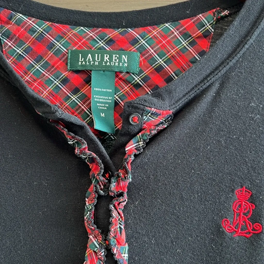 Lauren Ralph Lauren Cotton Rib Knit Sleep Dress w/Button Plaid Placket, M Black Size M - Image 3