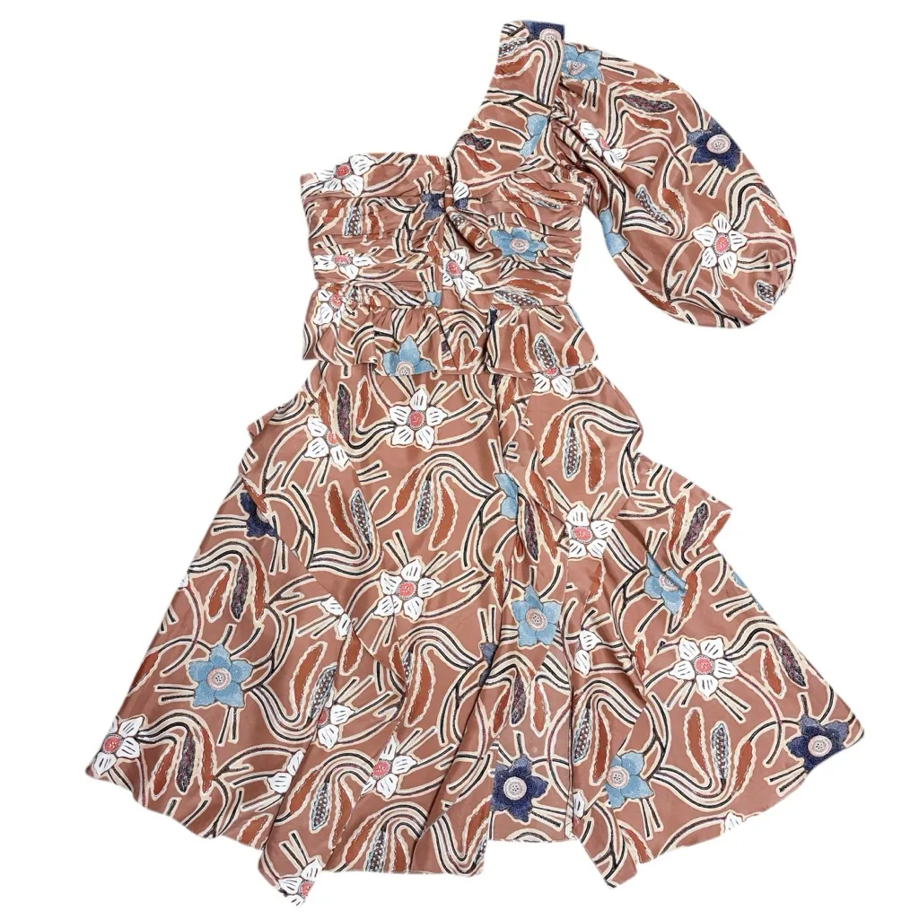 Ulla Johnson Copper Brown Ivory Floral Mariam One Shoulder Silk Midi Dress 12 - Image 9