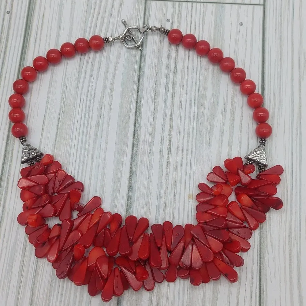 Beautiful Artisan Faux Polished Coral Collar Necklace Double Strand Teardrop 16" - Image 10