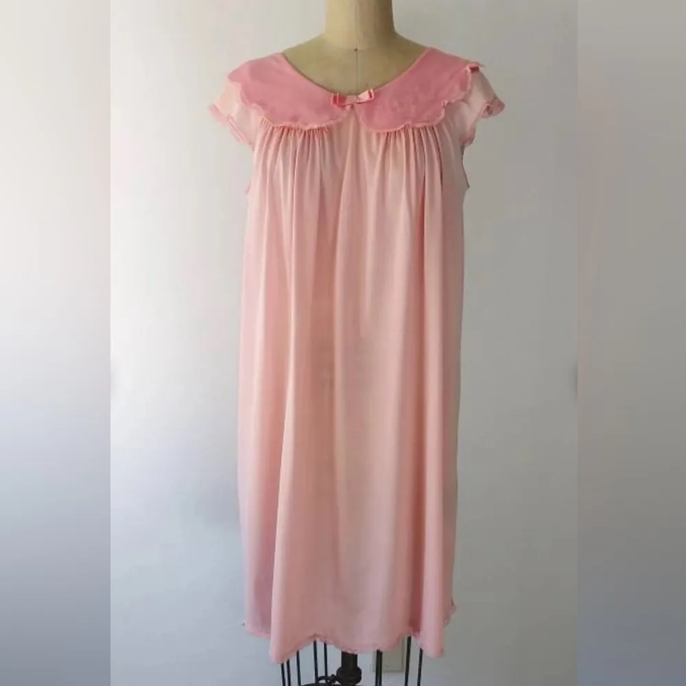 Vintage Babydoll Maxi Pink Lace Night Gown Sleep Ruffle Collar 70s 80s Bow - Image 4
