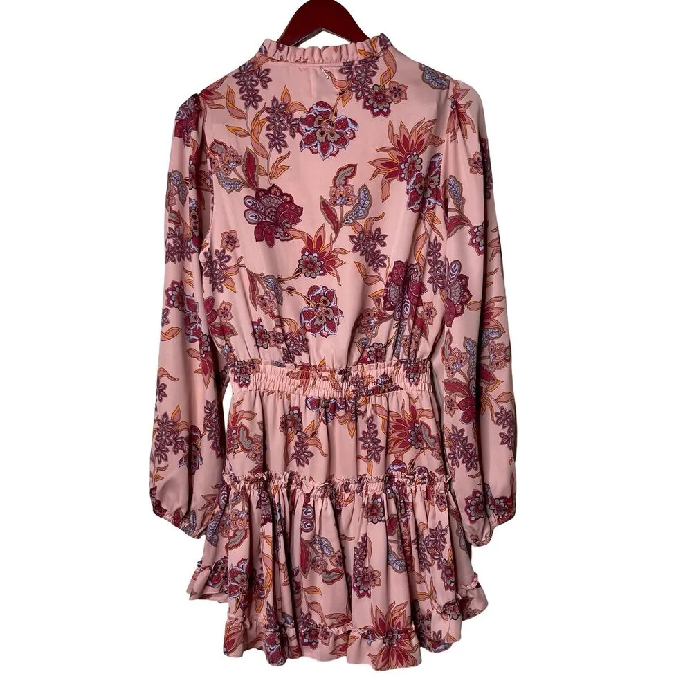 MISA Women's Lorena Mini Floral V neck Ruffle Skirt Dress sz S - Image 5