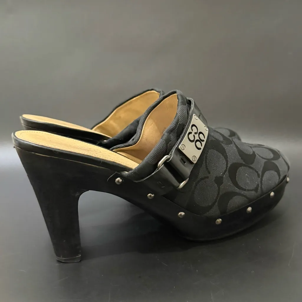 COACH Ivy Black Signature Logo Canvas Studded Wooden Platform Mule Clogs Size 9 - Image 3