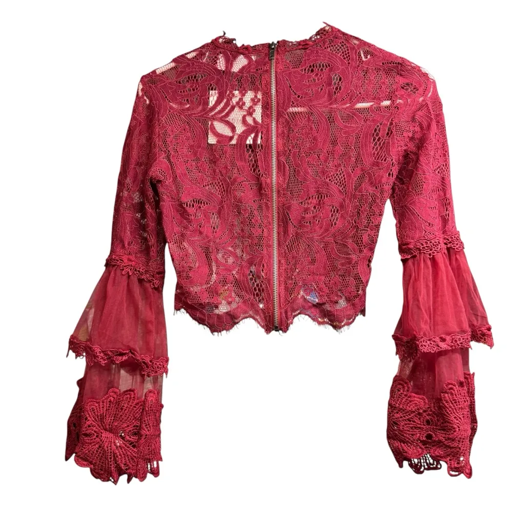 Romantic Seek the Label Burgundy Tiered Boho Bell Sleeve Lace Goth Grunge Top XS - Image 2