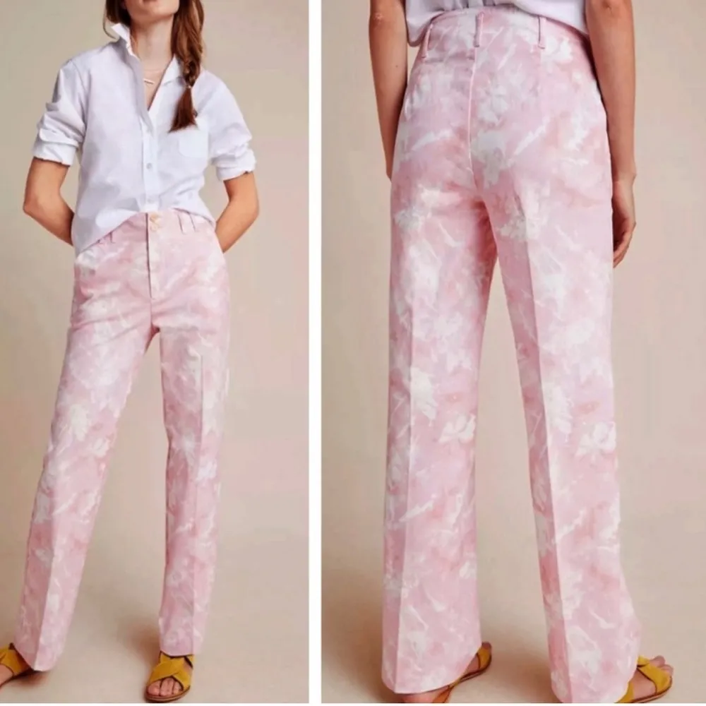 Anthropologie Jamie High Waist Rise Pink White Trouser Pant Button Wide Leg - Image 2