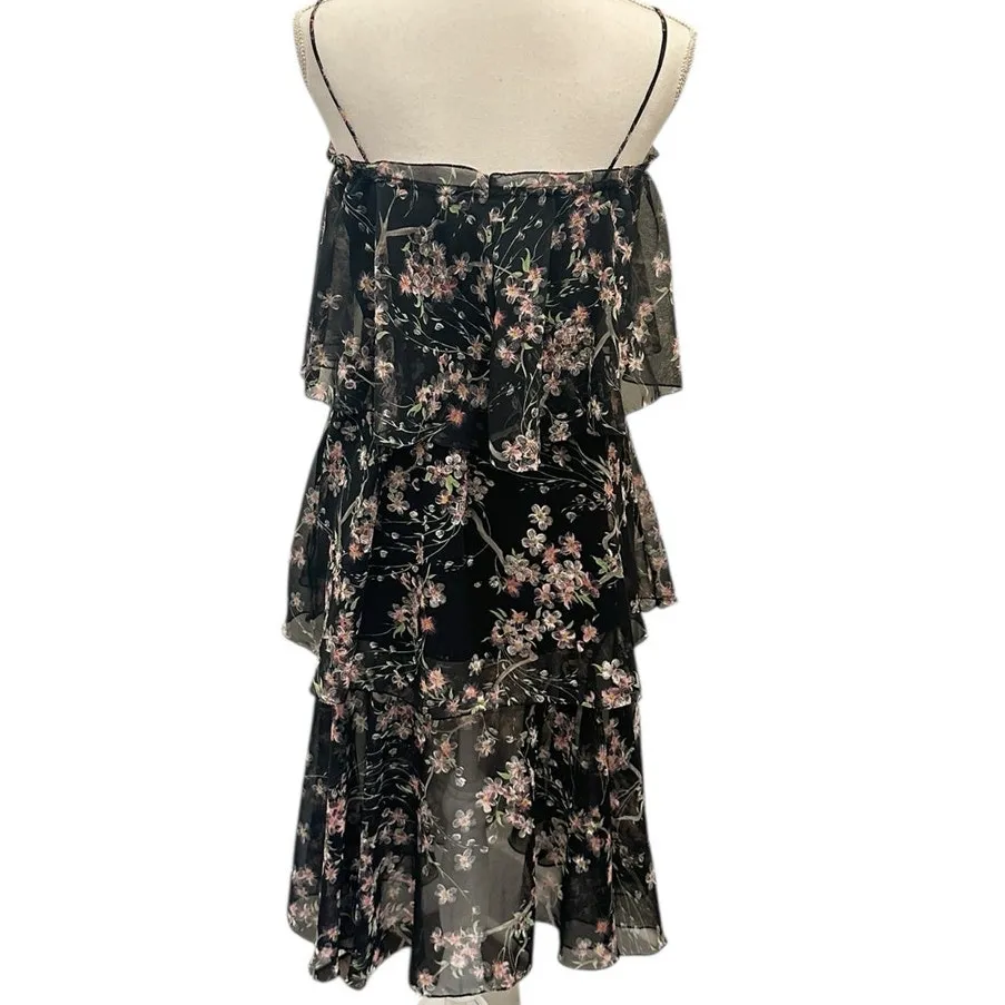 VTG 60-70s Black Chiffon Tiered Midi Dress Pink Floral Coquette Fairy Cottage XS - Image 3