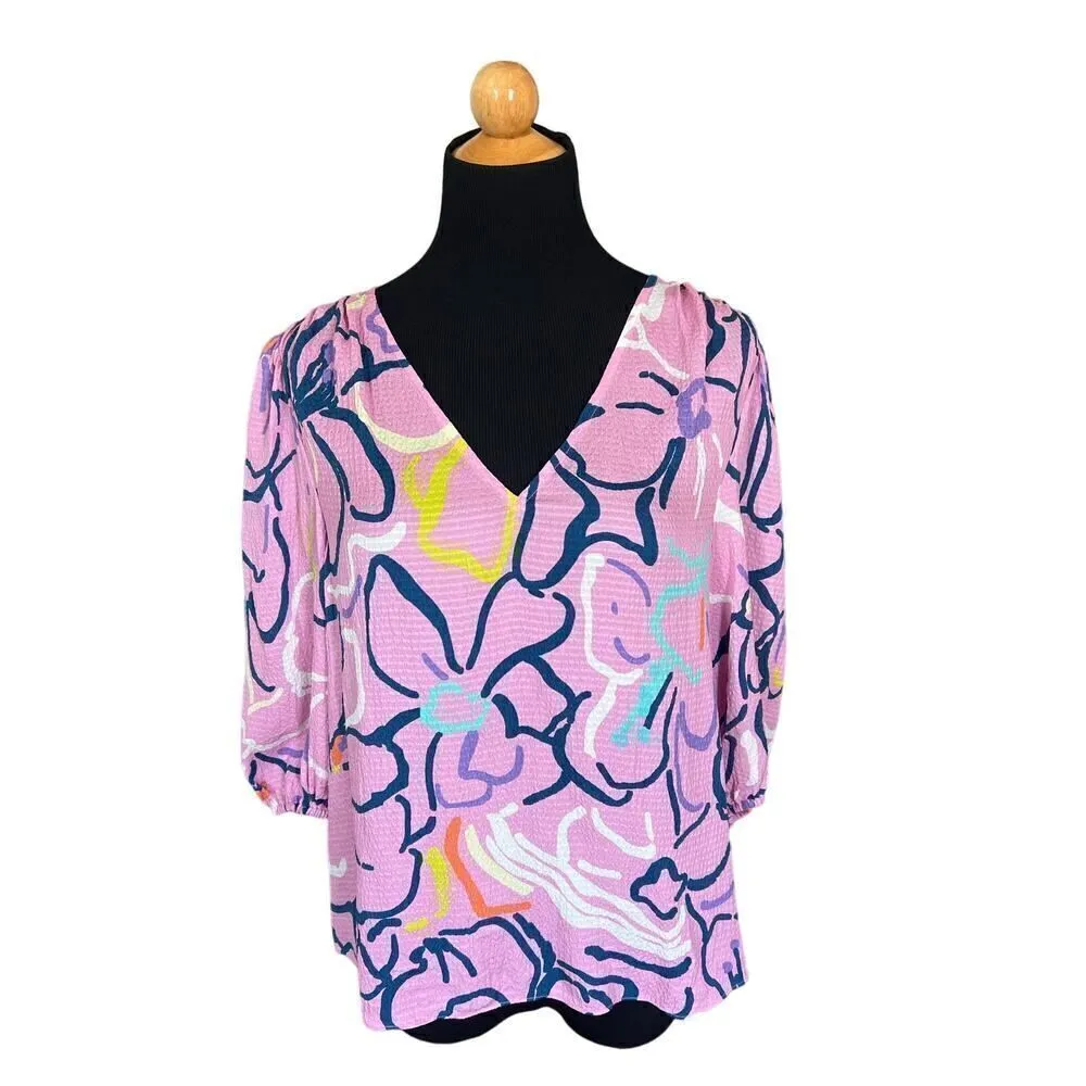 Tanya Taylor Pink Painted Floral Textured Silk 3/4 Sleeve V Neck Blouse Size 4 - Image 4