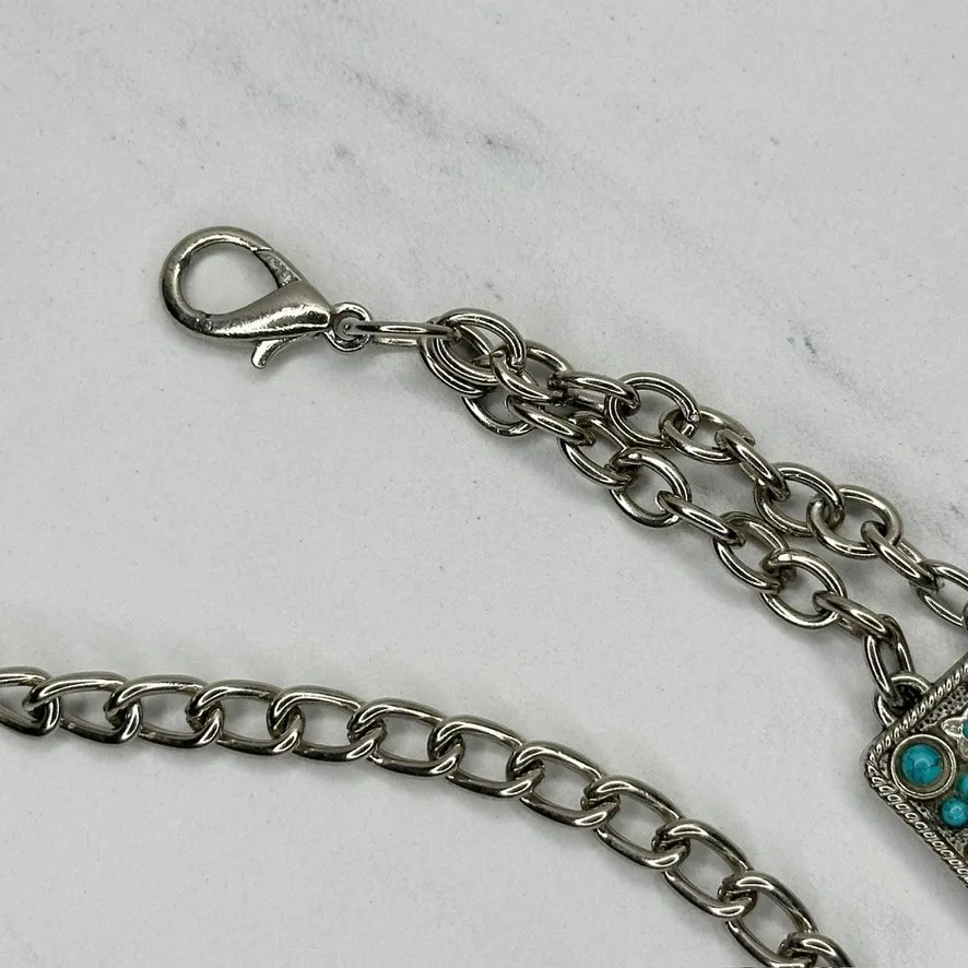 Faux Turquoise Studded Square Silver Chain Link Belt One Size (OS) ✨ - Image 4