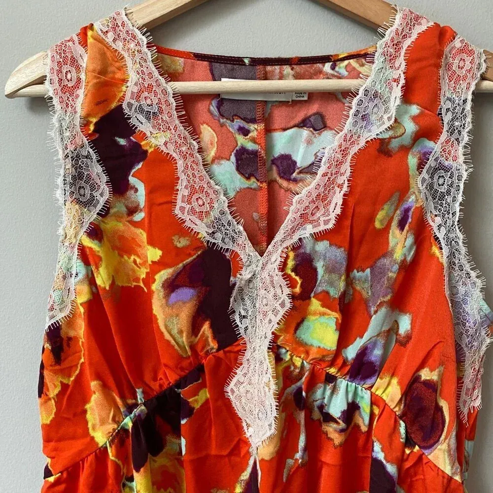 NWOT Rebecca Minkoff Women's Medium Sleeveless Floral Lace Trim Tank Top Orange - Image 5