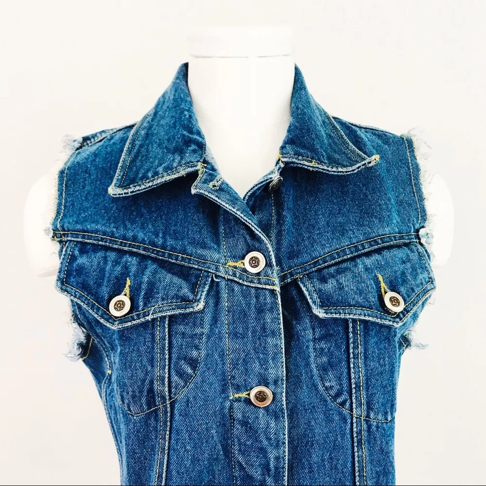 Vintage Distressed Denim Vest | Size S Blue - Image 2