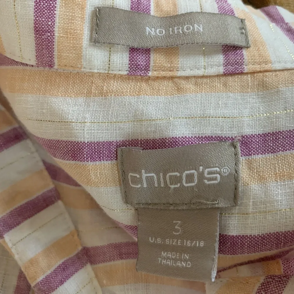 Chico's Size 16/18 Multicolor Stripe Linen Metallic Blend No Iron Button Shirt - Image 4