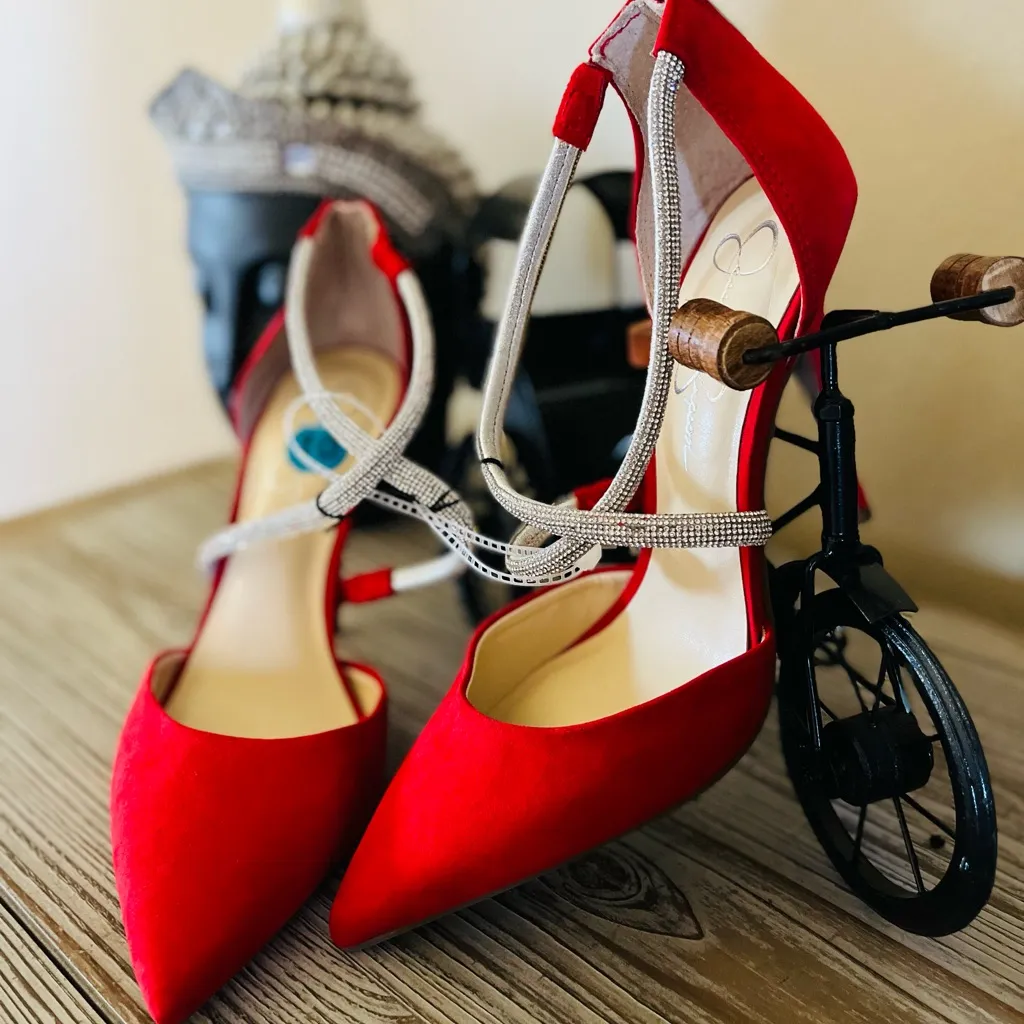 NEW JESSICA SIMPSON Rhinestone Glitter Pointed Toe Pump Festive Holiday Red 10 - Image 5