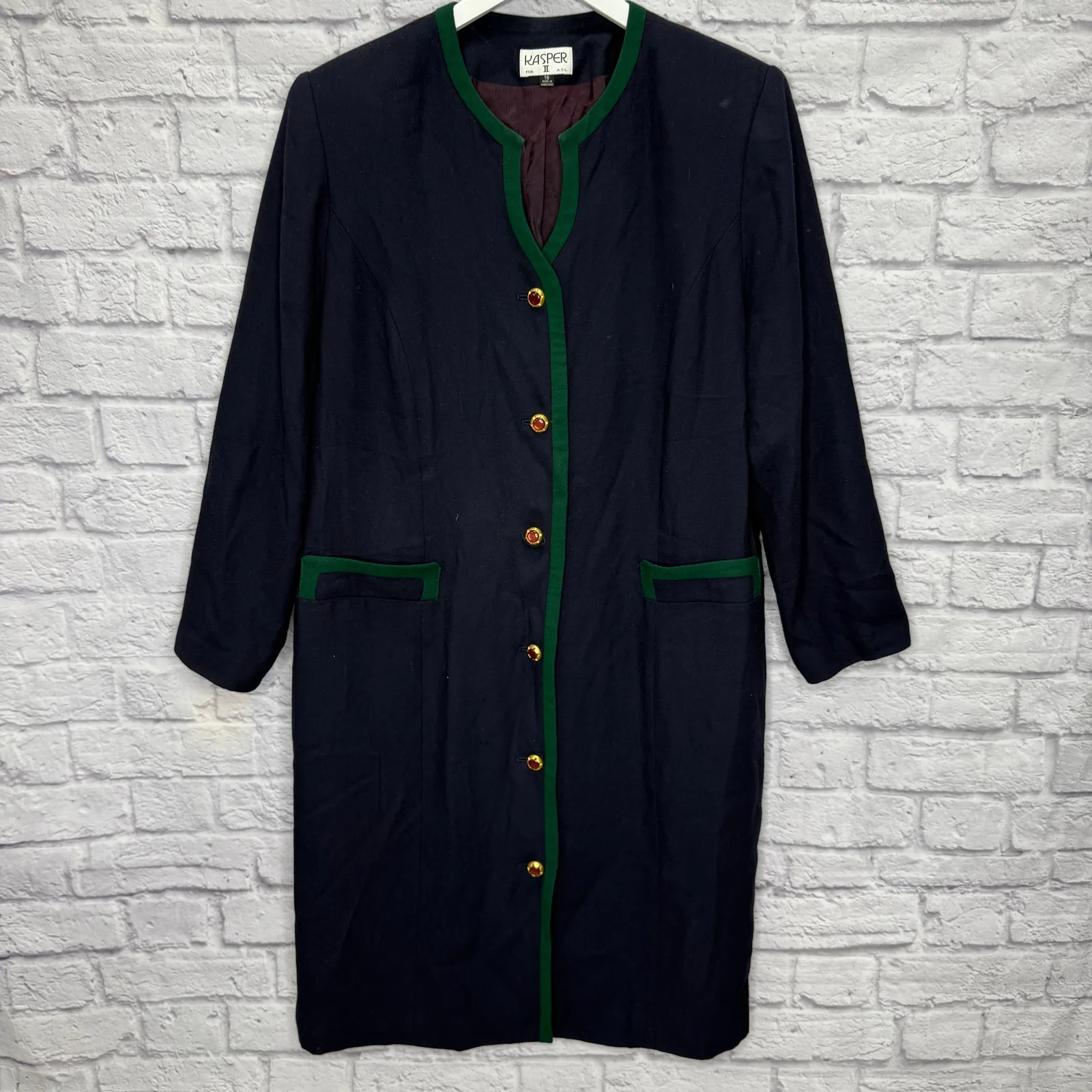 Kasper ASL Womens Navy Blue Shirt Dress Blazer Size 16 Lined Button Front Green - Image 5