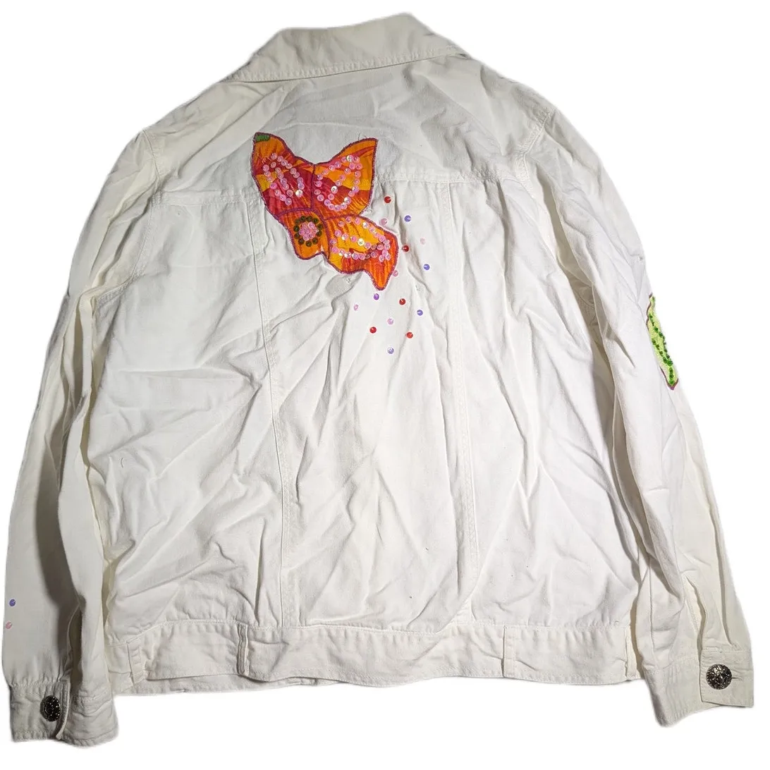 Vtg Y2K Alex Ku White Cotton Orange Floral Applique Sequin Denim Jacket P L Size undefined - Image 2
