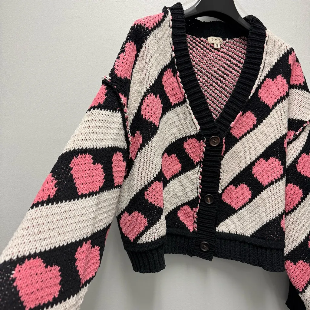 NWOT POL Lovers Cardigan Button Up Heart Sweater, Black & Pink | Size Small - Image 5