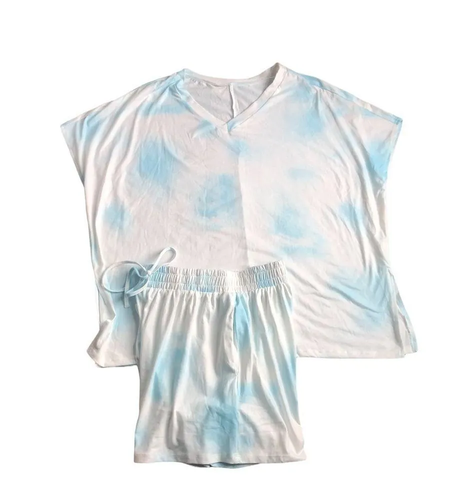 Boutique Lot 2~2PC Tie Dye Pajama Sets Sz L SS Tee Short Drawstring Blue Lounge Size L - Image 3