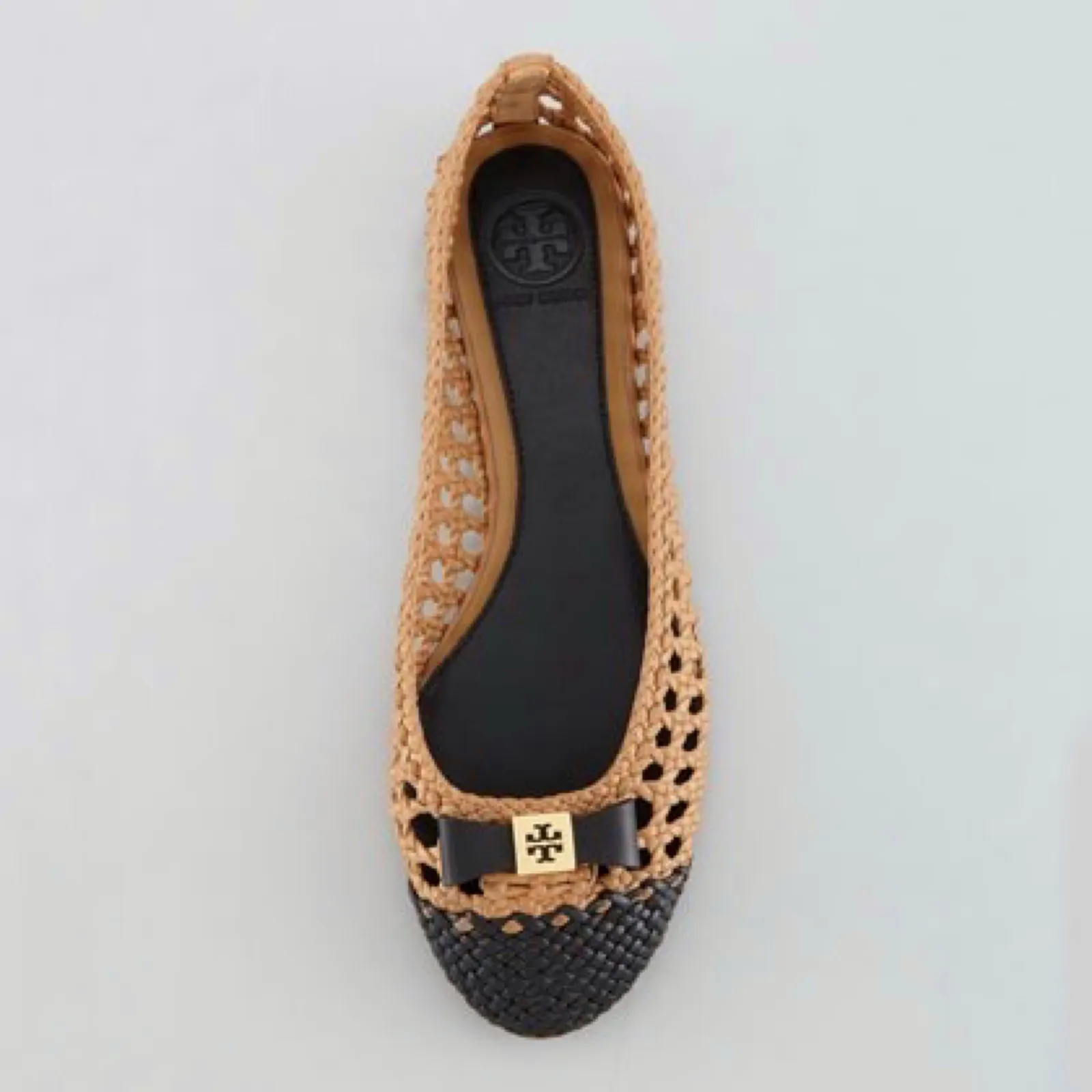 Tory Burch 6 Carlyle Woven Leather Ballerinas Ballet Flats Black Tan Logo Bow - Image 5