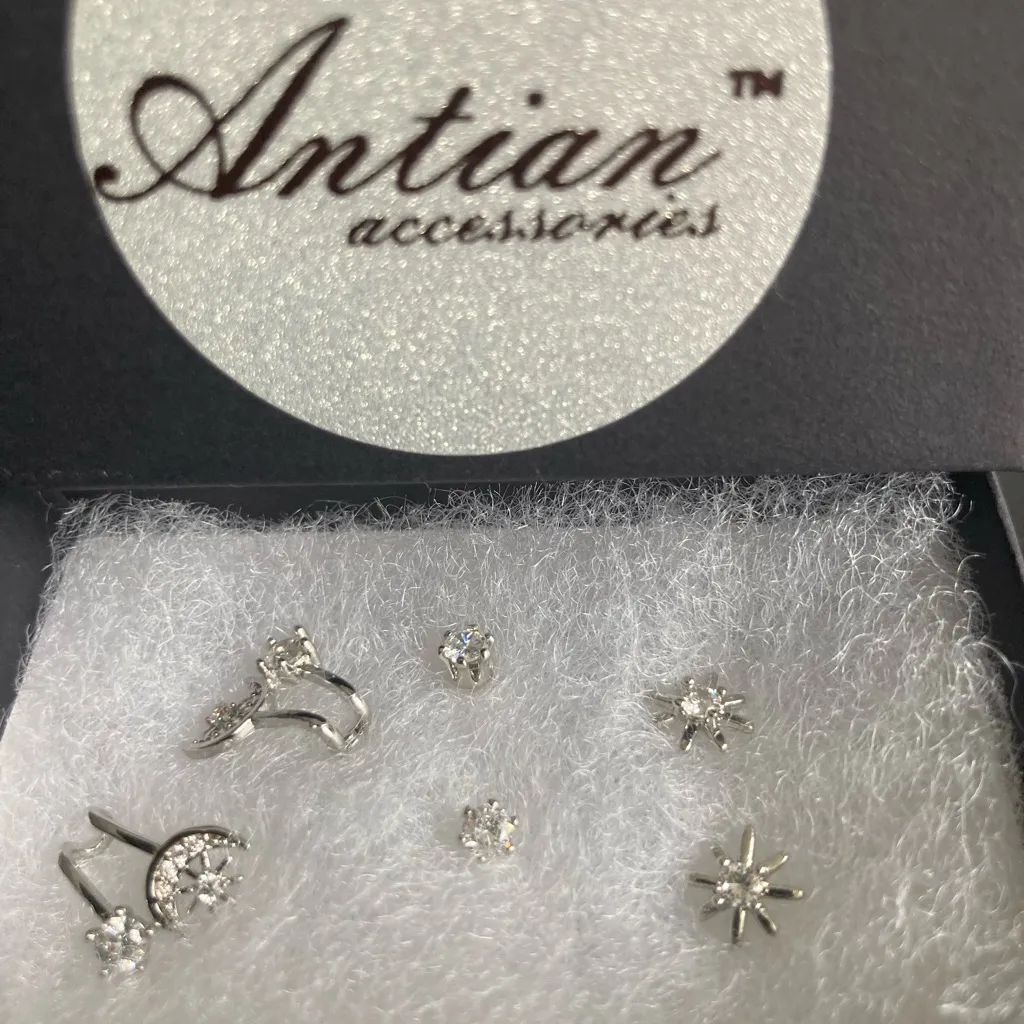 Antian Accessories™ Silver Zirconia Moon & Star Earrings Set - Image 3