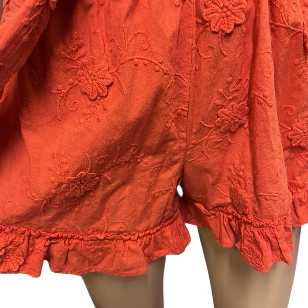 Loft Cotton Orange Beach Floral Embroidery Strapless Romper Tie Belted Womens XS - Image 8