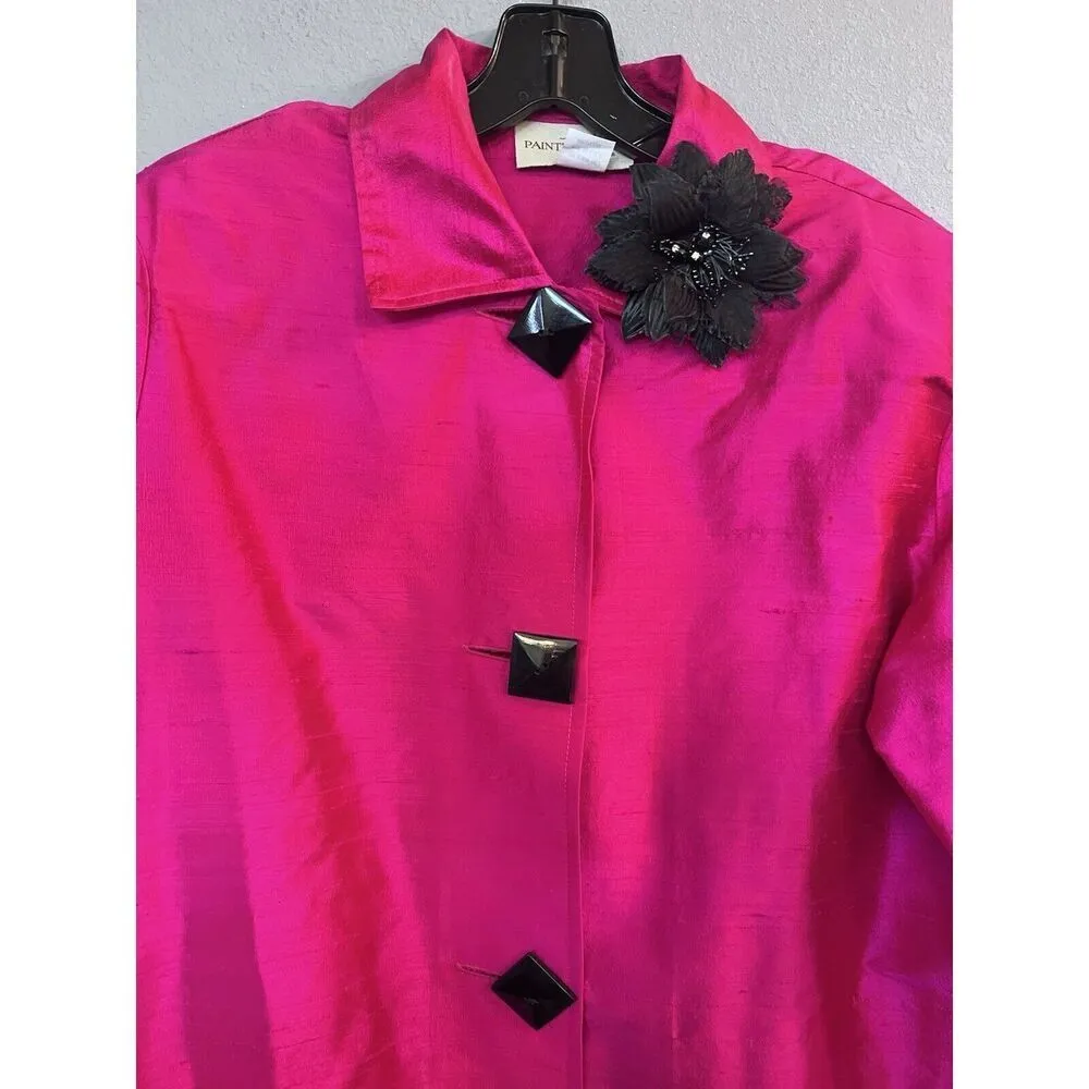 Vintage Painted Pony Jacket Womens‎ Medium Hot Pink Shiny 100%Silk Artsy Career - Image 2