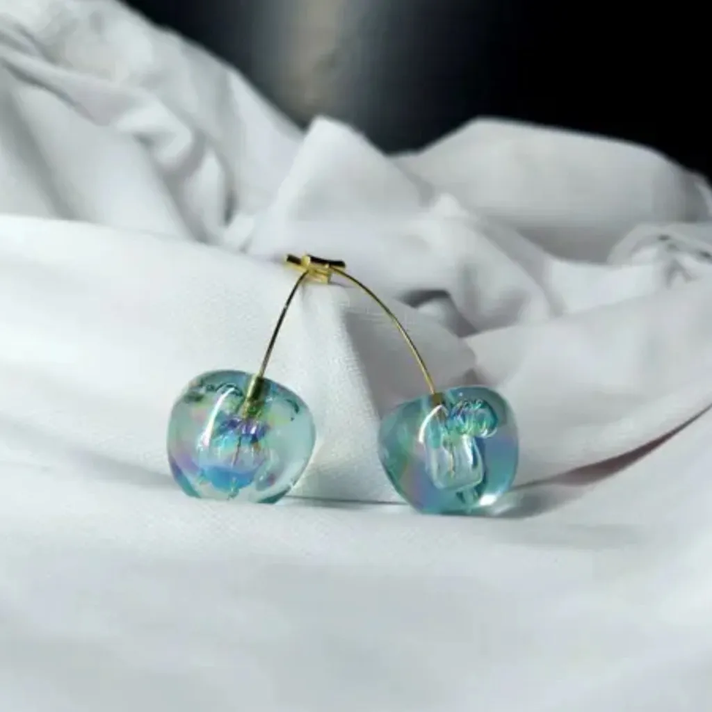 Blue Iridescent Cherry Earrings - Image 3
