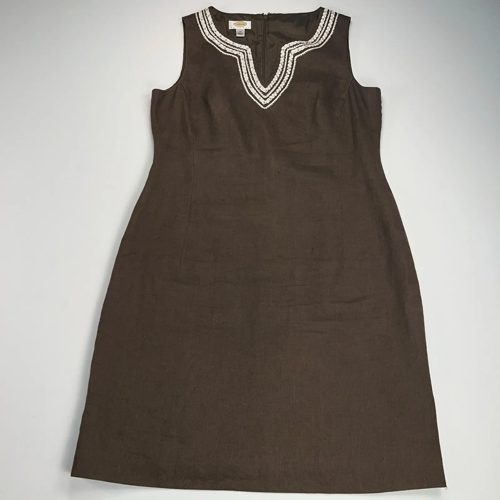 Talbots Chocolate Brown Linen Notched V-Neck Sleeveless Shift Dress Size 14P - Image 2