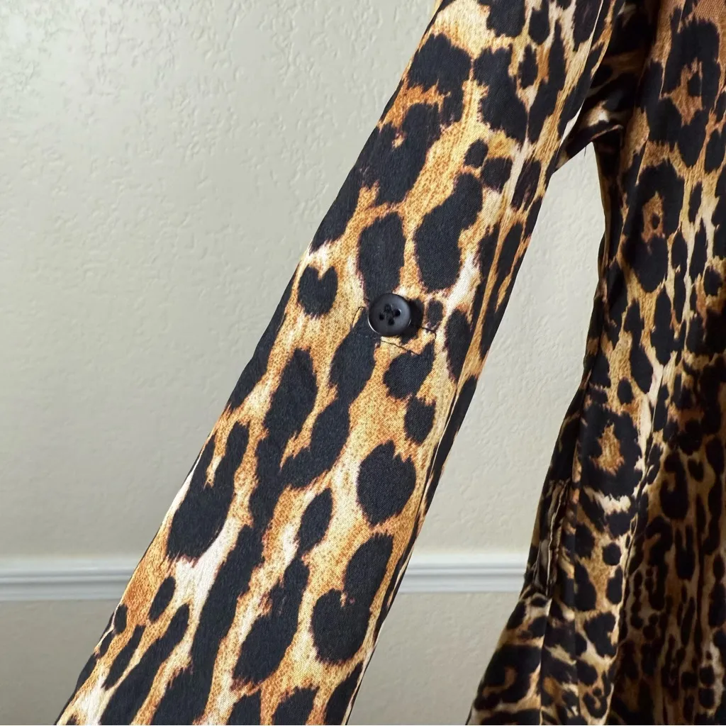 Leopard Print High Low Tunic Dress Medium Oversized Button Down Animal Print Top Brown - Image 9