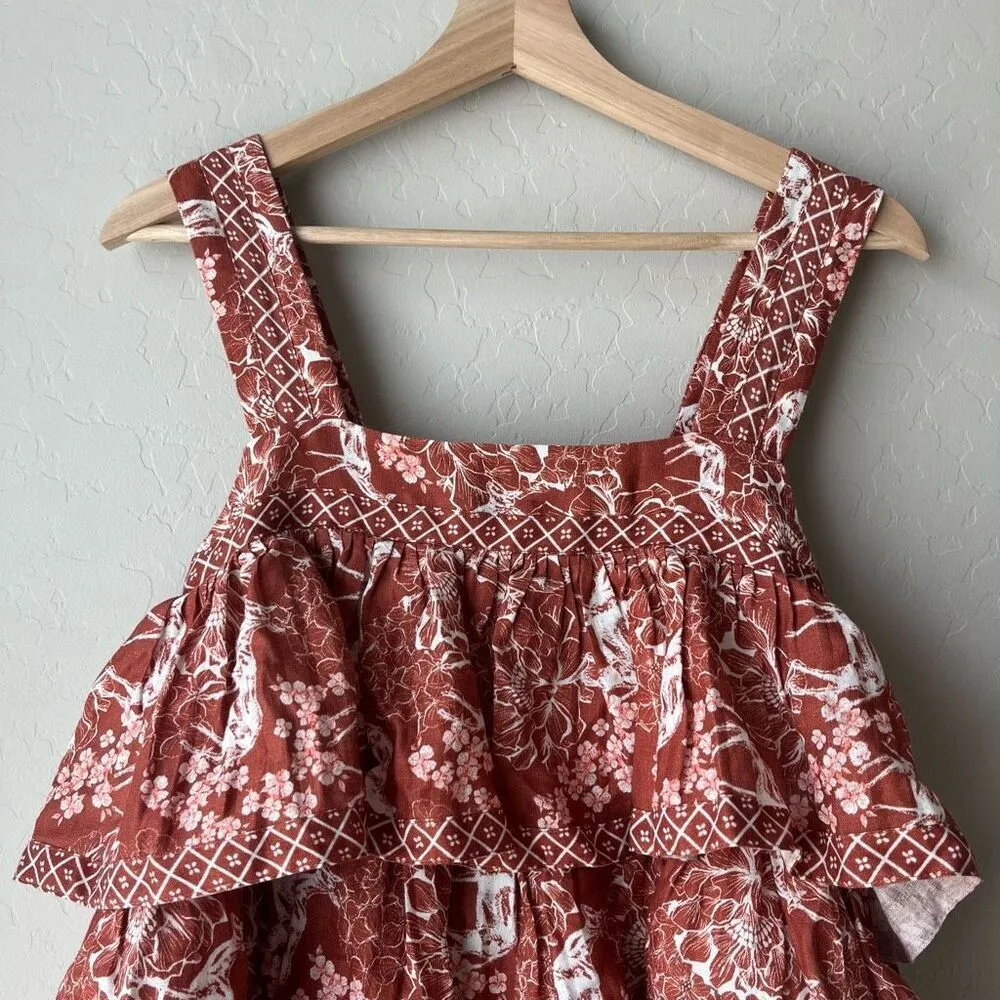 NEW Lug Von Siga Liza Burnt Orange Gazelle Print Square Neck Tiered Dress Size 2 - Image 3