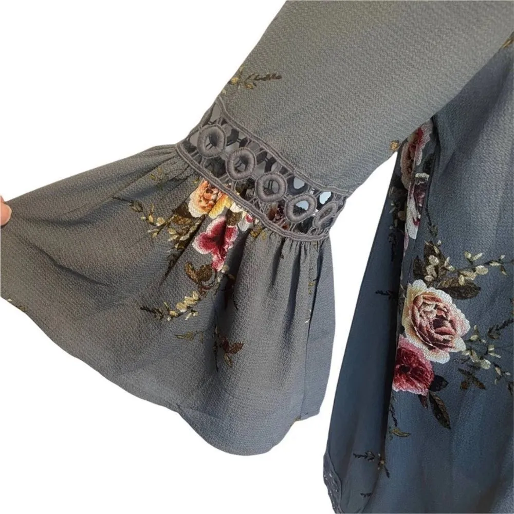 NWT entro grey kimono bell sleeve grey floral cardigan L - Image 9