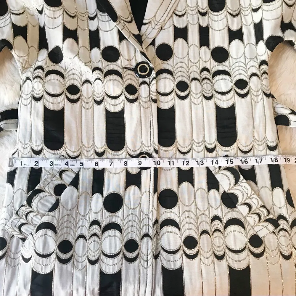 TRINA TURK Belted Trench Coat Metallic‎ Print Jacquard Black Cream Size 4 - Image 11