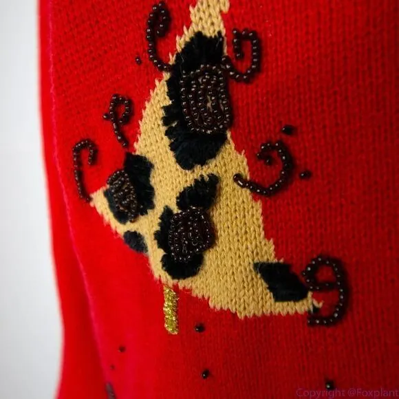 Vintage Berek Christmas cotton blend‎ Faux fur collar beaded red ugly sweater Red Size L - Image 9