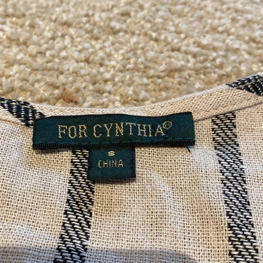 For Cynthia Linen Blend V Neck Cap Sleeve Asymmetrical Tan Black Stripe Dress S - Image 3