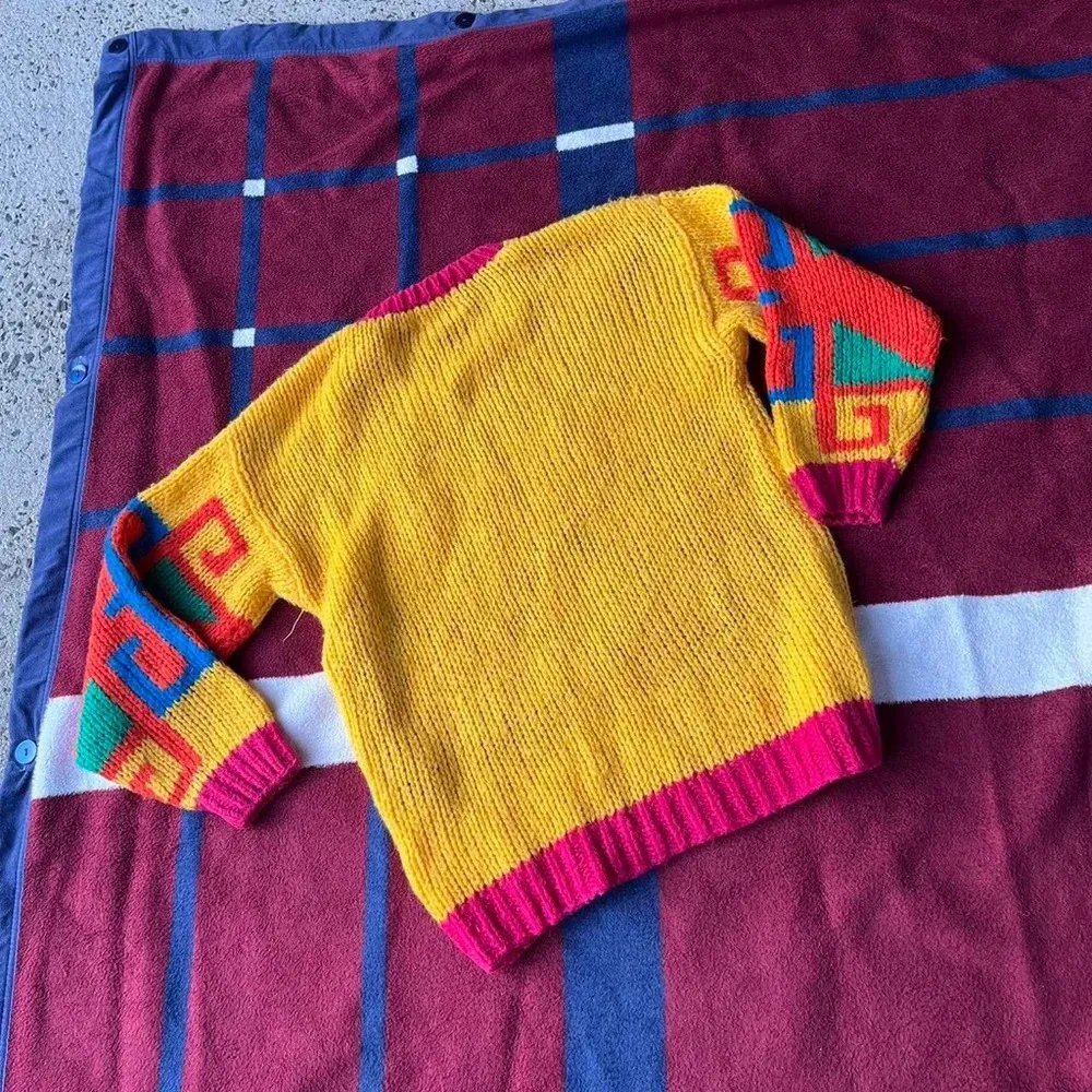 Vintage Collage by hand funky bright multicolored crewneck sweater S Yellow - Image 2