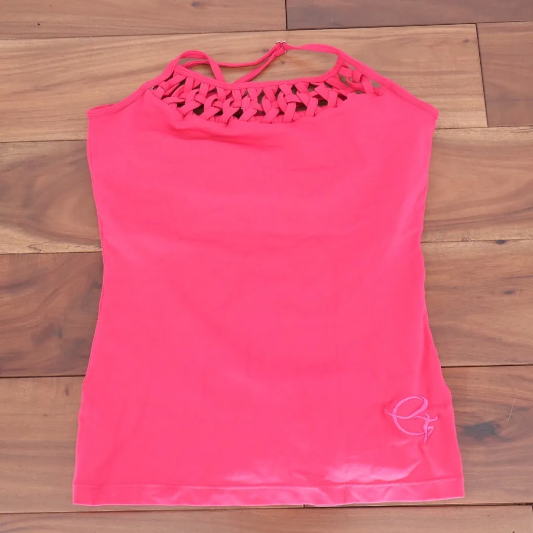 Equilibrium Hot Pink Athletic Tank Top Bra Macrame Neckline Embroidered Logo M Size M - Image 2