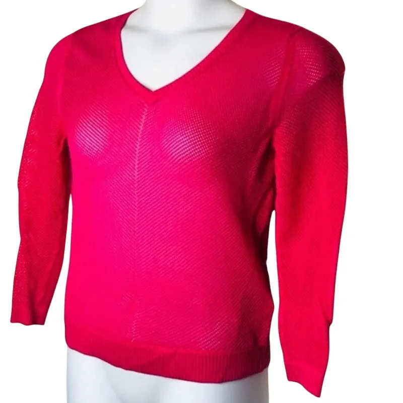 Banana Republic Bright Pink Open Knit V-Neck Sweater PS Lightweight Barbiecore - Image 3
