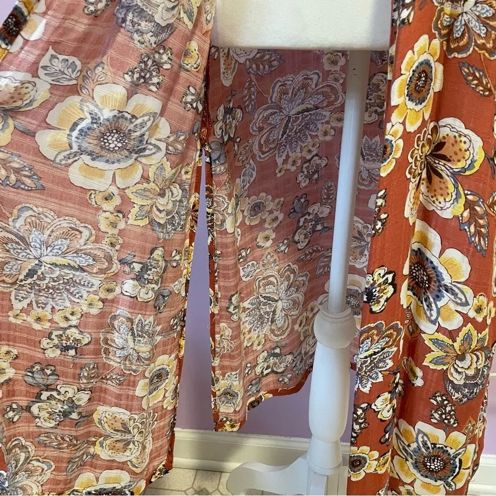 H.I.P Retro Orange Floral Duster Kimono Short Bell Sleeves Open Front Rayon M/L - Image 6