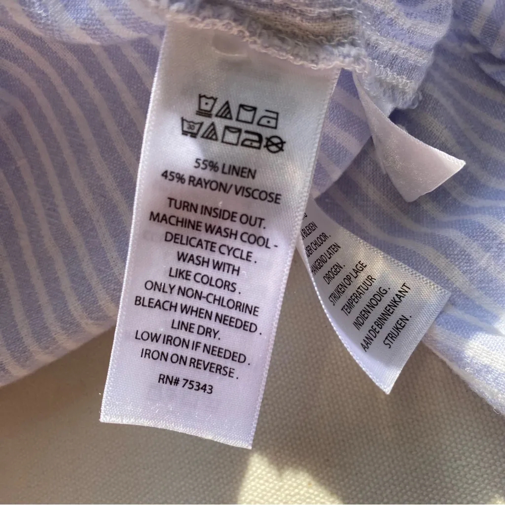 Sigrid Olsen Linen Blend Roll Sleeve Button Down Striped Shirt - Image 5