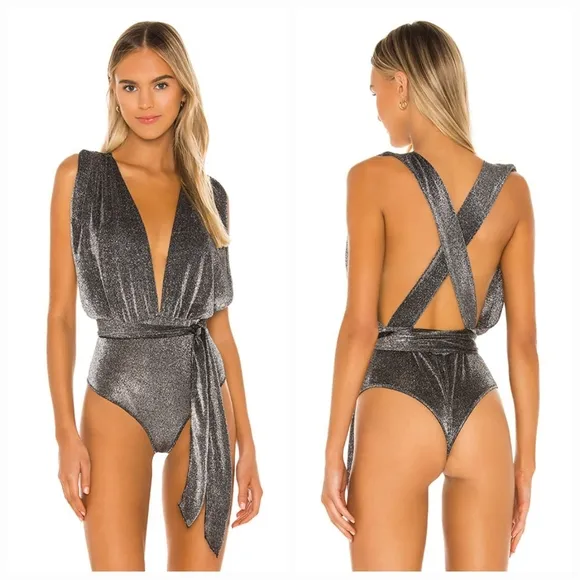 Superdown Priya Cross Back Bodysuit in Black Metallic - Image 2