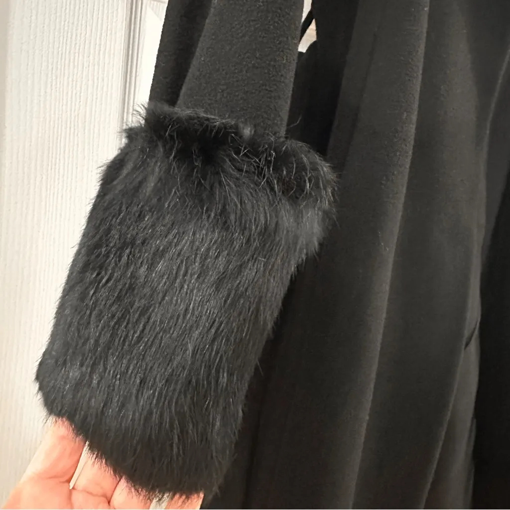 Vintage Lord & Taylor Wool Blend Knee length Belted Coat Rabbit Fur Trim Black Size XS - Image 4