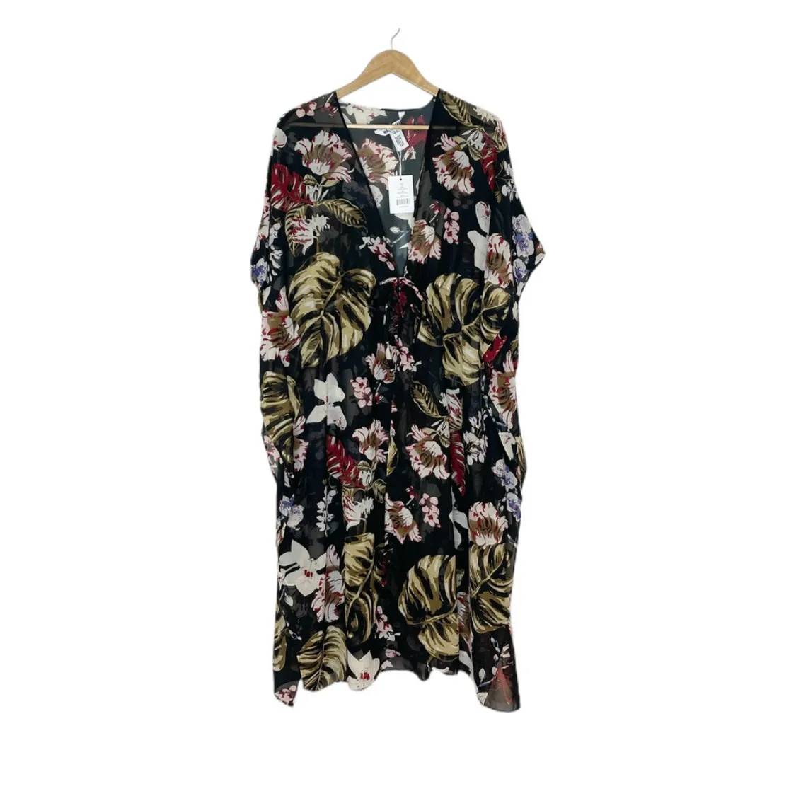 Brand New WALTER BAKER Tulum Black Floral Caftan Swim Cover-Up Duster One Size - Image 3